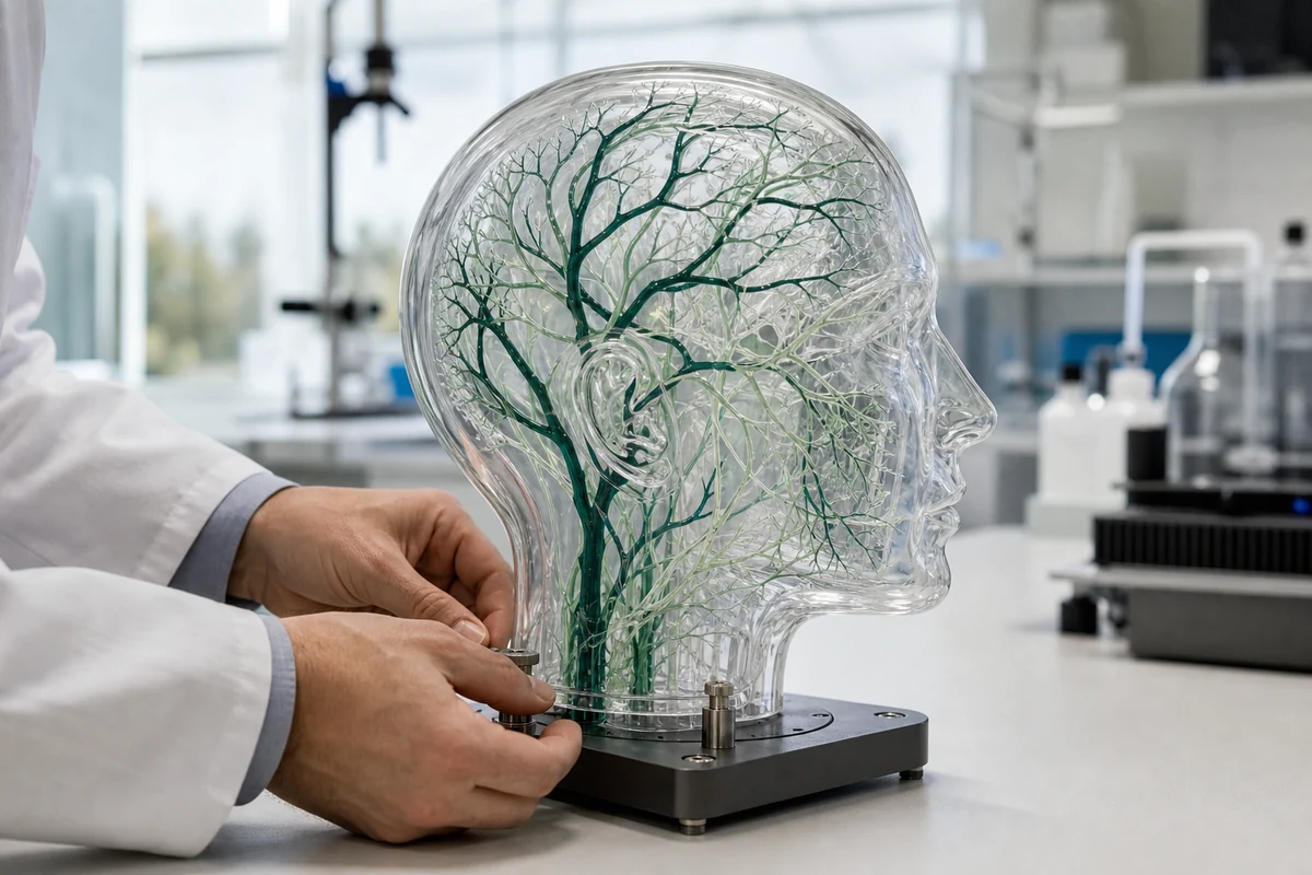 An individualized neural topology model being carefully adjusted in a Vale Biotech laboratory